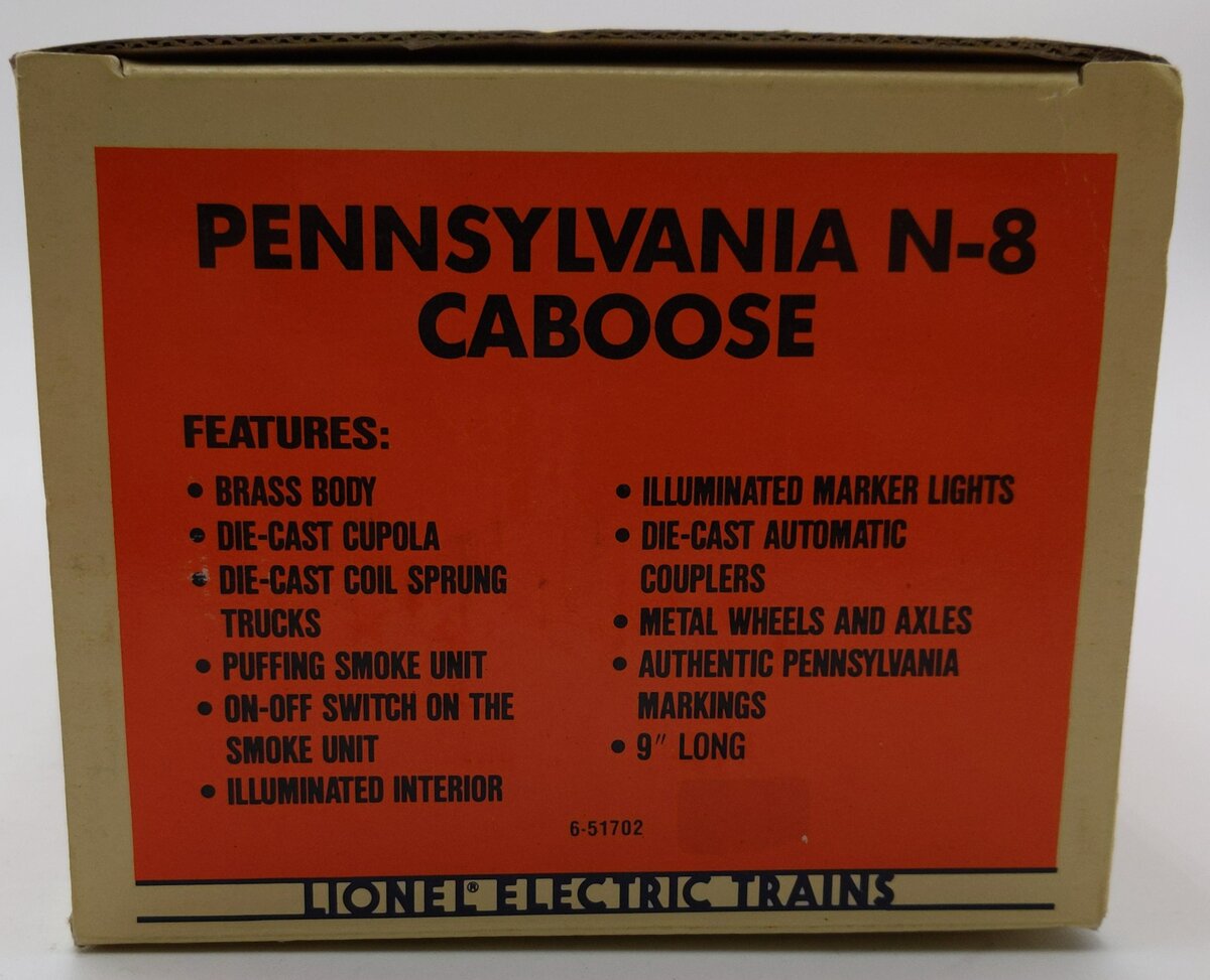 Lionel 6-51702 O Gauge BRASS Pennsylvania N-8 Smoking Caboose #478039 EX/Box