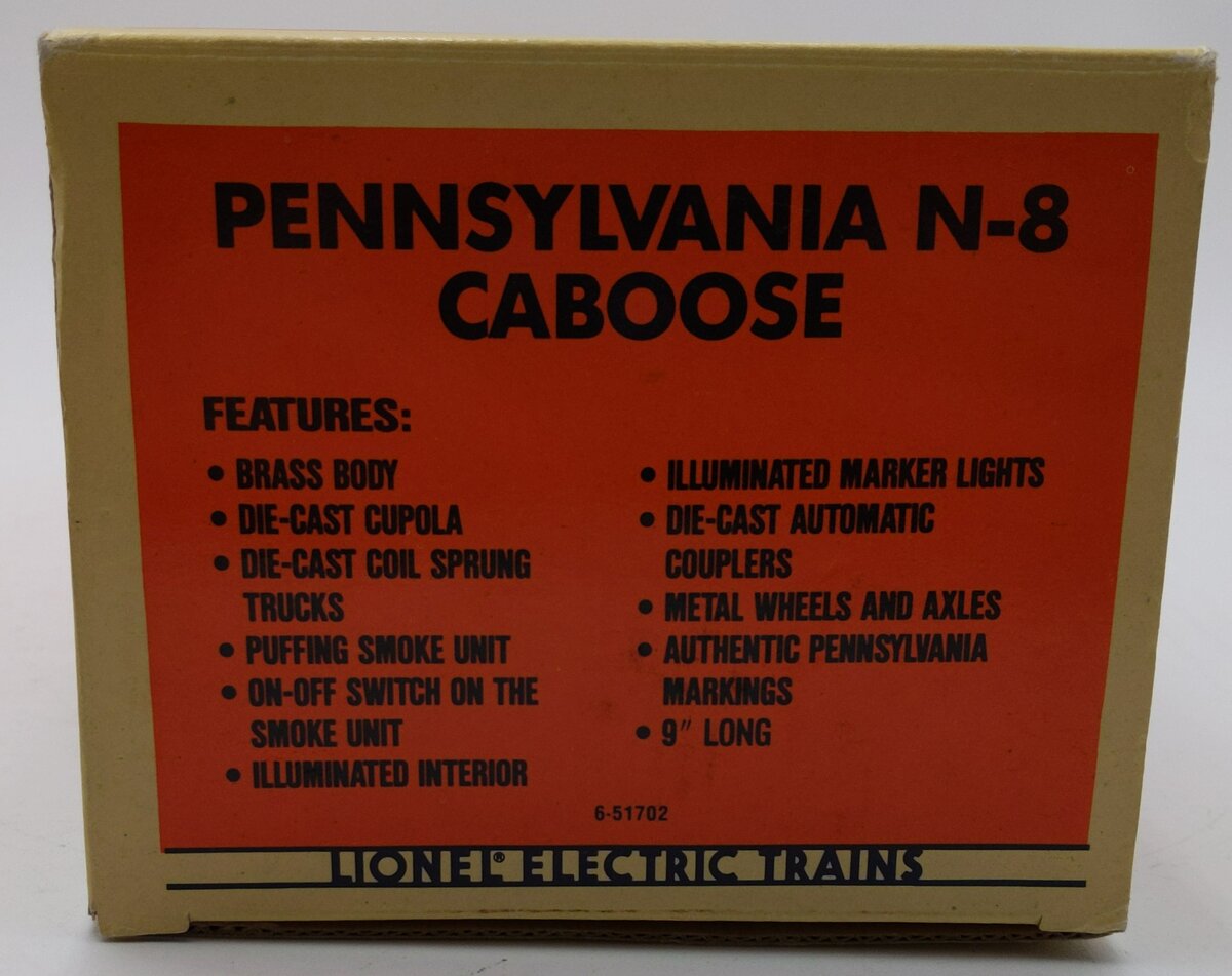 Lionel 6-51702 O Gauge BRASS Pennsylvania N-8 Smoking Caboose #478039 EX/Box