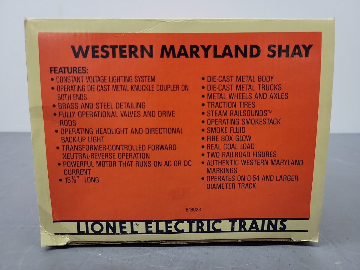 Lionel 6-18023 O Gauge Western Maryland Shay Steam Locomotive #6 VG/Box