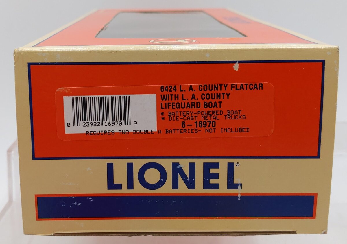 Lionel 6-16970 O Gauge L.A. County Lifeguard Flatcar w/ Lifeguard Boat #6424 EX/Box