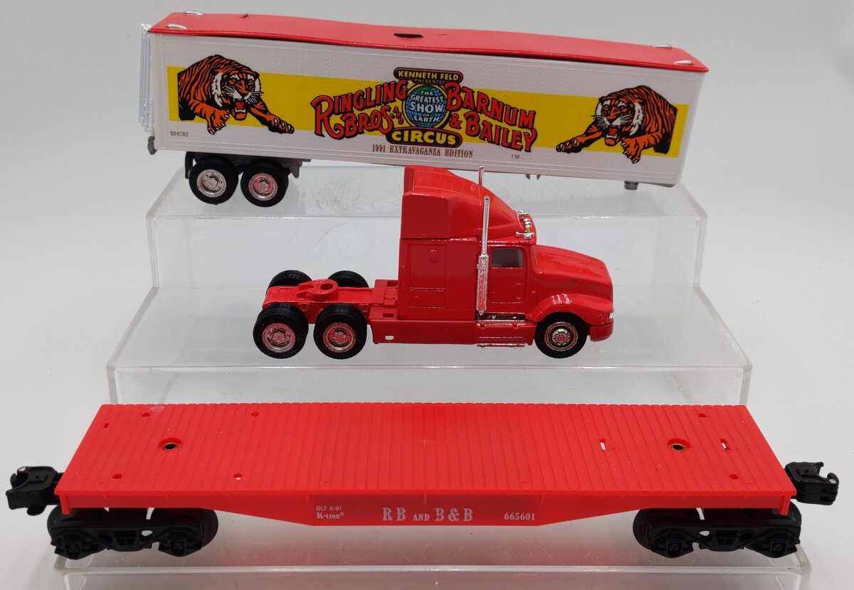 K-Line K-665601 O Ringling Brothers Heavy Hauler Tractor Trailer Flat Car Set VG/Box
