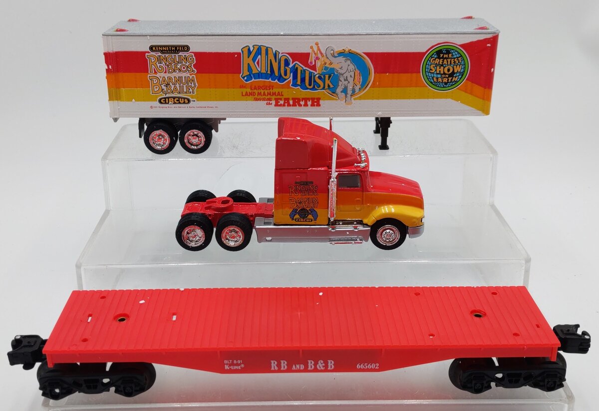 K-Line K-665602 O Gauge Ringling Bros. Flatcar w/ King Tusk Trailer VG/Box