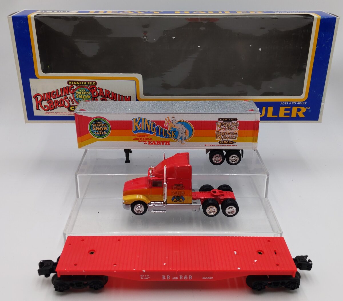 K-Line K-665602 O Gauge Ringling Bros. Flatcar w/ King Tusk Trailer VG/Box