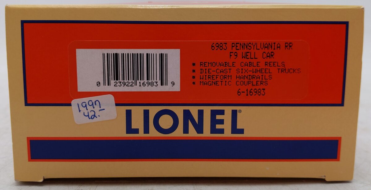 Lionel 6-16983 O Gauge Pennsylvania F-9 Well Car w/Cable Reels #16983 EX/Box
