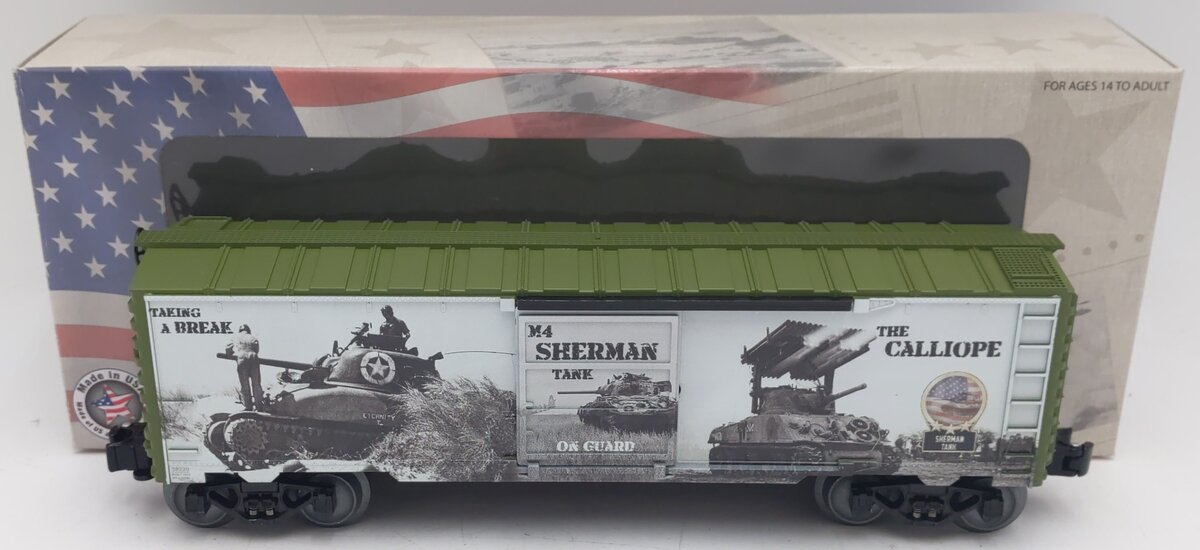Lionel 1938220 O Gauge US Army WWII Sherman Tank Boxcar EX/Box