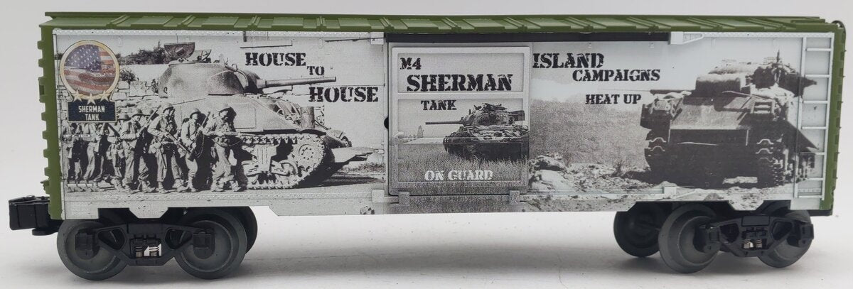 Lionel 1938220 O Gauge US Army WWII Sherman Tank Boxcar EX/Box