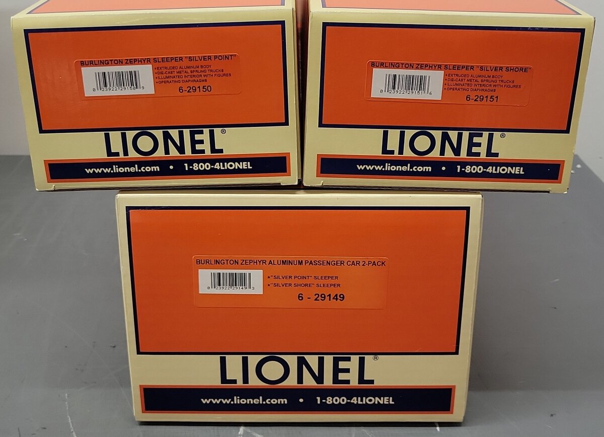 Lionel 6-29149 O Gauge Chicago Burlington & Quincy Zephyr Passenger Car Set EX/Box