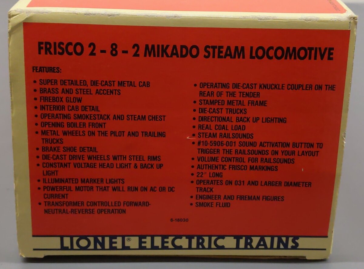 Lionel 6-18030 O Gauge Frisco 2-8-2 Mikado Steam Locomotive & Tender #4100 VG/Box