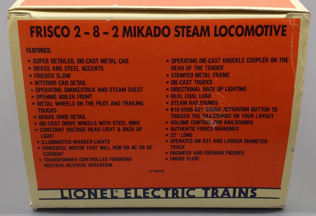 Lionel 6-18030 O Gauge Frisco 2-8-2 Mikado Steam Locomotive & Tender #4100 VG/Box