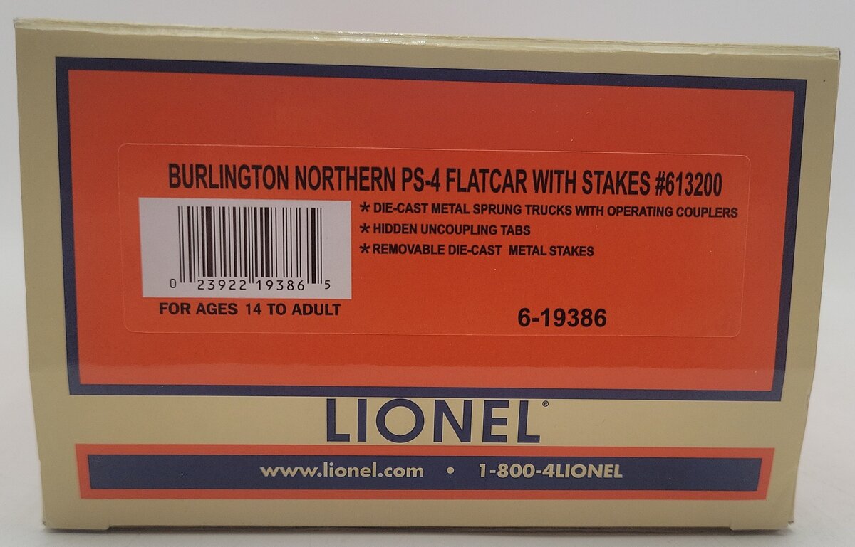 Lionel 6-19386 O Gauge Burlington Northern PS-4 Flatcar w/Stakes EX/Box
