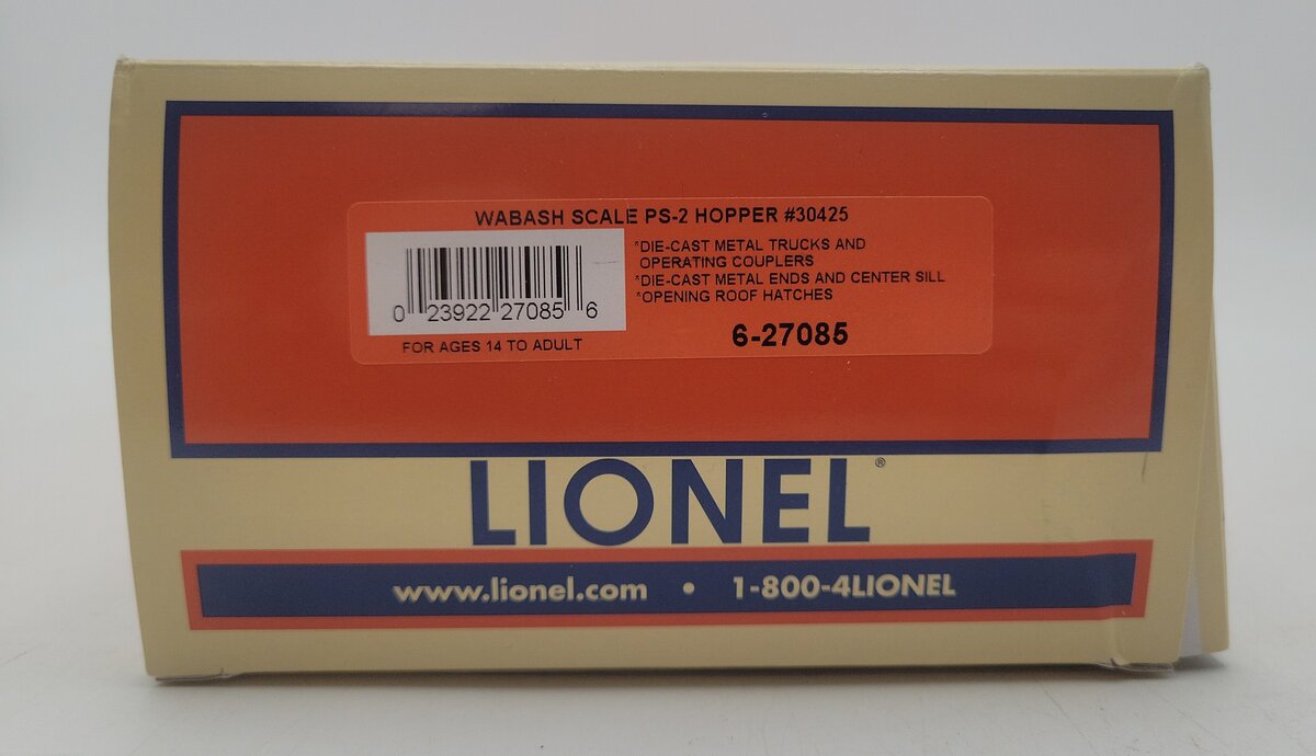 Lionel 6-27085 O Gauge Wabash PS-2 Covered Hopper Car #30425 EX/Box