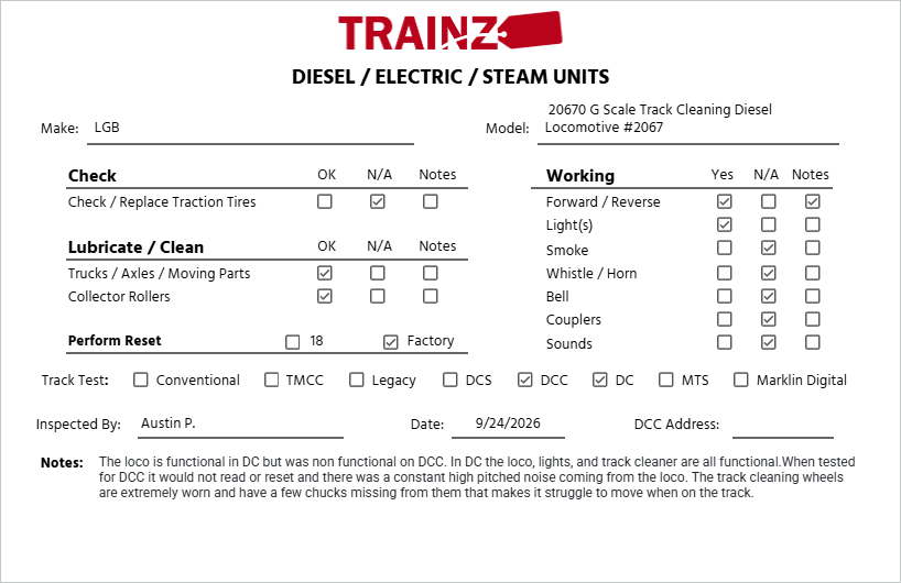 LGB 20670 G Scale Track Cleaning Diesel Locomotive #2067 VG/Box