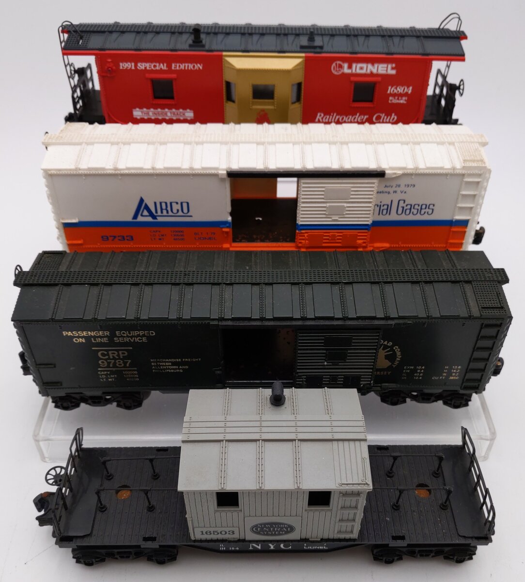 Lionel O Gauge Boxcars & Cabooses: 6-9733, 6-9787, 6-16503, 6-16804 [4] VG/Box