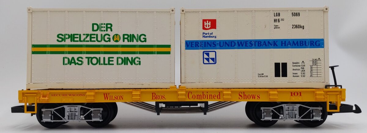 LGB 4160-DG G Scale Wilson Brothers Flatcar w/ Container Load #101 EX