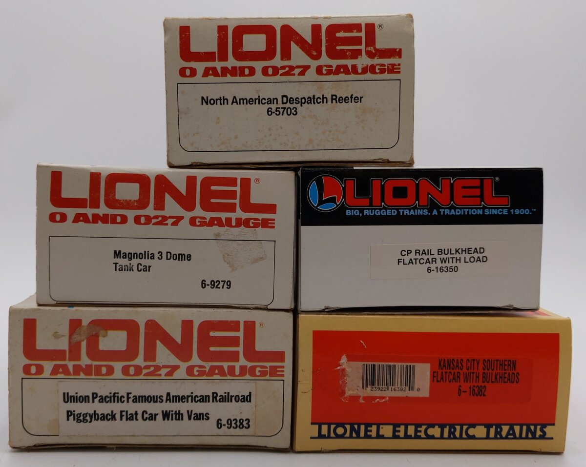 Lionel O Gauge Flatcars & Freight Cars: #9279, #9383, #5703, #16350, #16382 [5] VG/Box