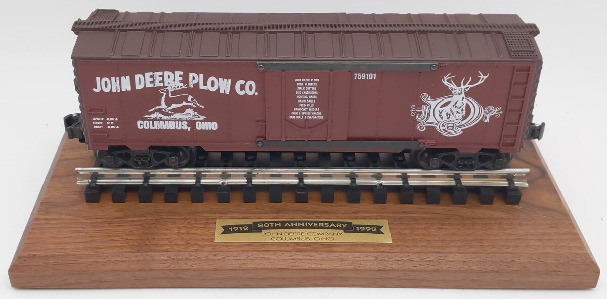 K-Line K759101 O Gauge John Deere Plow Company Boxcar w/ Display Base EX