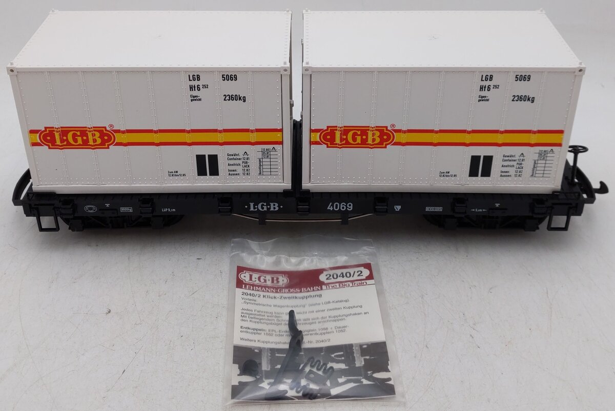 LGB 4069 G Scale Flatcar w/2 Grey LGB Containers EX/Box