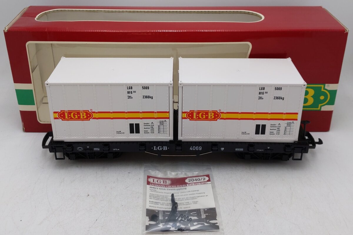 LGB 4069 G Scale Flatcar w/2 Grey LGB Containers EX/Box