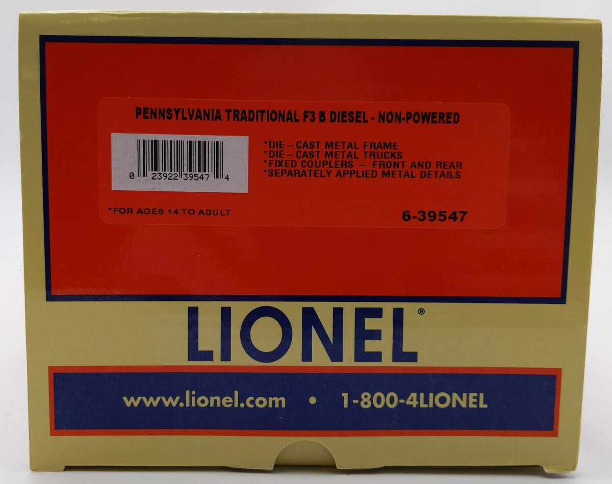 Lionel 6-39547 Pennsylvania 'Trail Blazer' F3 Non-Powered Diesel B Unit LN/Box