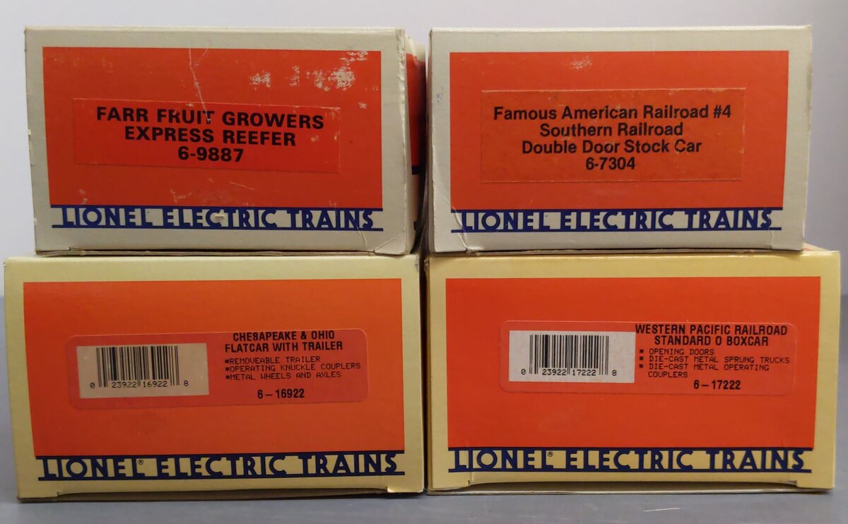 Lionel O Gauge Assorted Freight Cars: #16922, #7403, #9887, #17222 [4] LN/Box