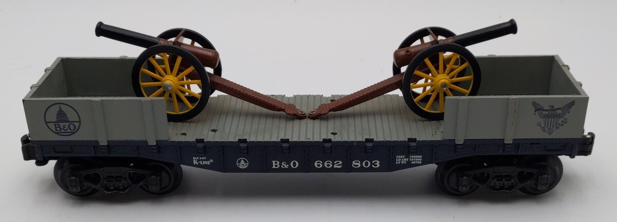 K-Line K-662803 O Baltimore & Ohio (B&O) Classic Flat Car with Cannons LN/Box