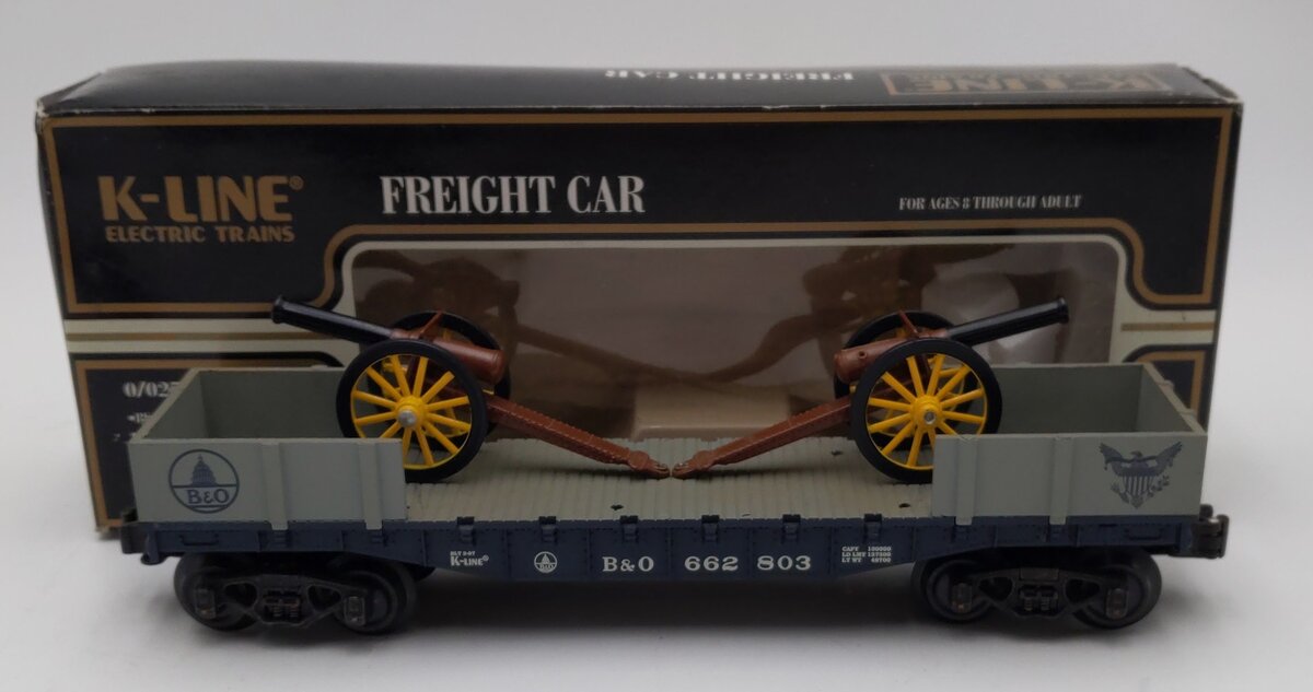 K-Line K-662803 O Baltimore & Ohio (B&O) Classic Flat Car with Cannons LN/Box