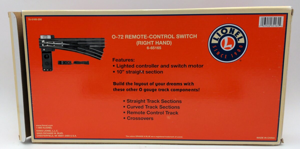 Lionel 6-65165 O Gauge O72 Right Hand Remote Control Switch Turnout EX/Box