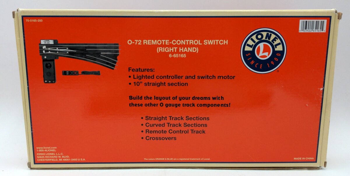 Lionel 6-65165 O Gauge O72 Right Hand Remote Control Switch Turnout EX/Box
