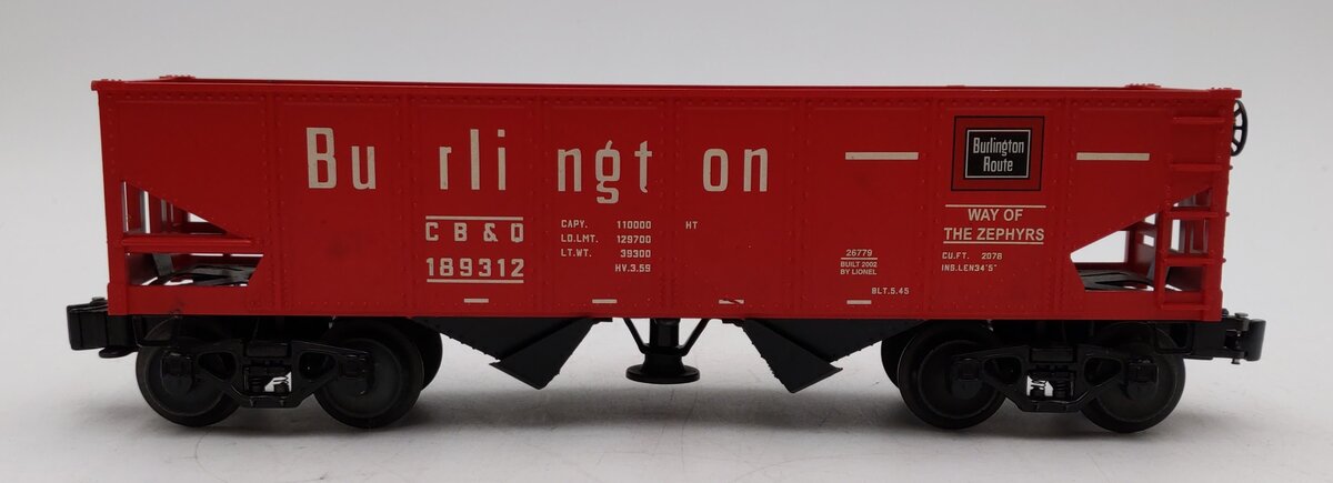Lionel 6-26779 O Gauge Burlington Operating Hopper #189312 w/ Coal Load LN/Box