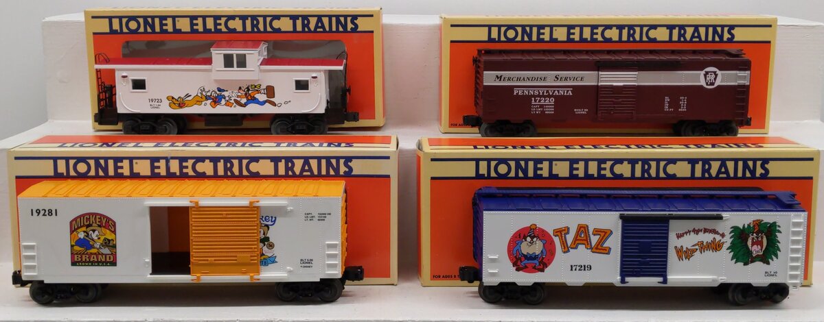Lionel O Gauge Assorted Freight Cars: #19723, #17219, #19281, #17220 [4] LN/Box