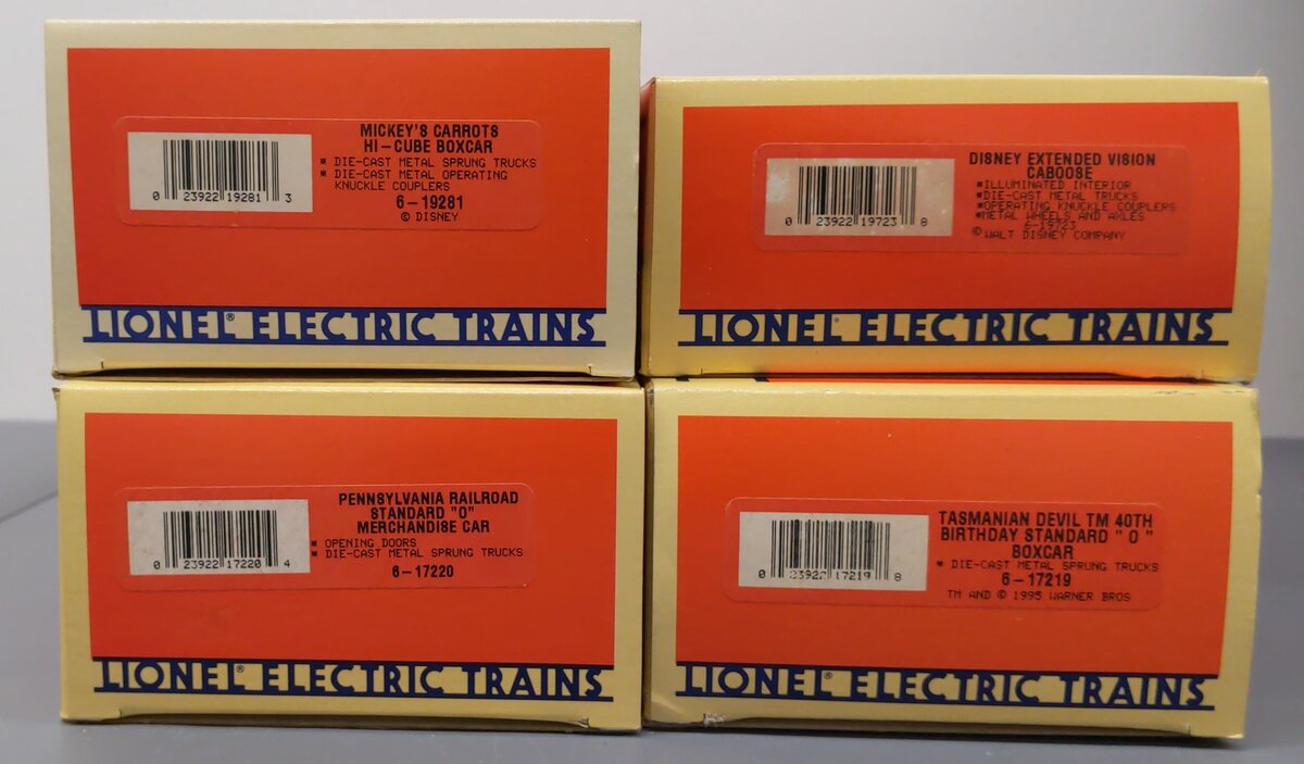 Lionel O Gauge Assorted Freight Cars: #19723, #17219, #19281, #17220 [4] LN/Box