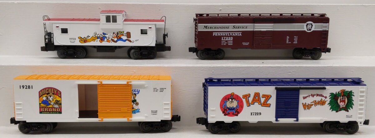 Lionel O Gauge Assorted Freight Cars: #19723, #17219, #19281, #17220 [4] LN/Box