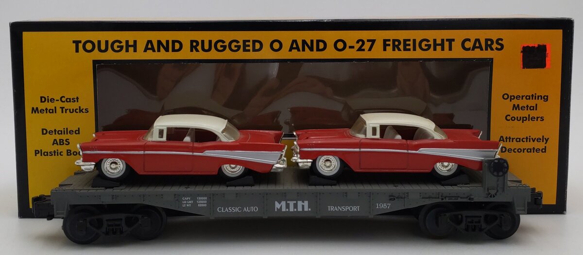 MTH 30-7610 O Gauge MTH Lines Flat Car with 2 Red Ertl '57 Chevys VG/Box