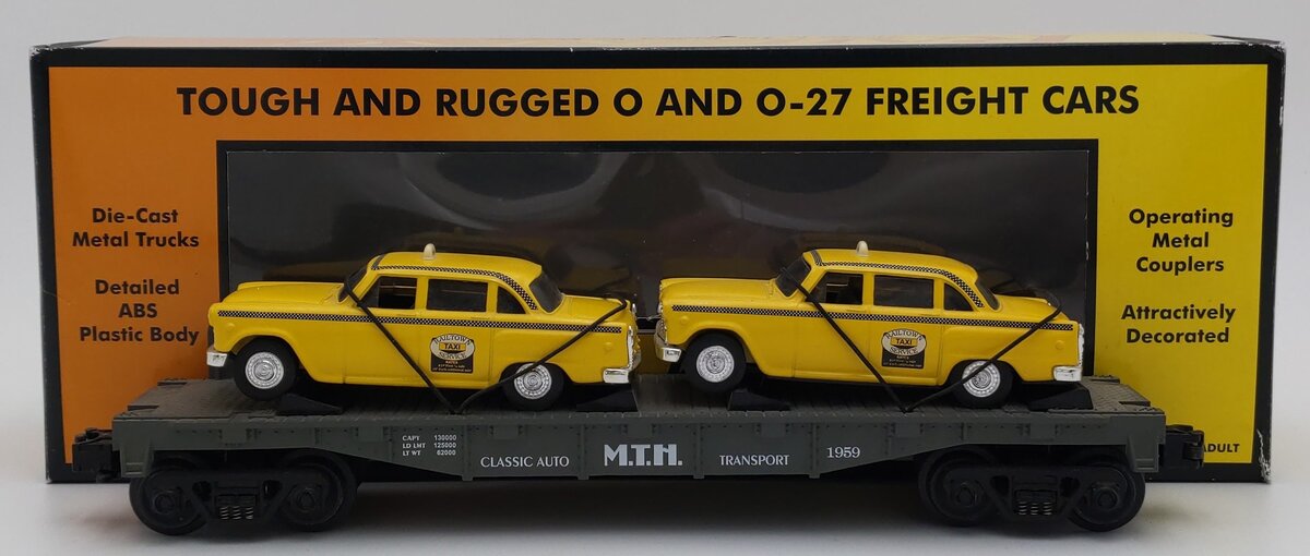 MTH 30-7625 O Gauge MTH Auto Transport Flatcar w/ Ertl Checker Cabs #1959 LN/Box