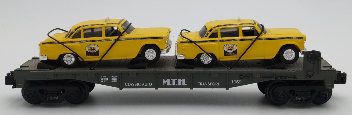 MTH 30-7625 O Gauge MTH Auto Transport Flatcar w/ Ertl Checker Cabs #1959 LN/Box