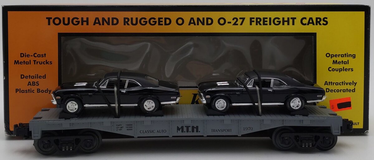 MTH 30-7661 O Gauge MTH Auto Transport Flatcar with Ertl '70 Novas #1970 LN/Box