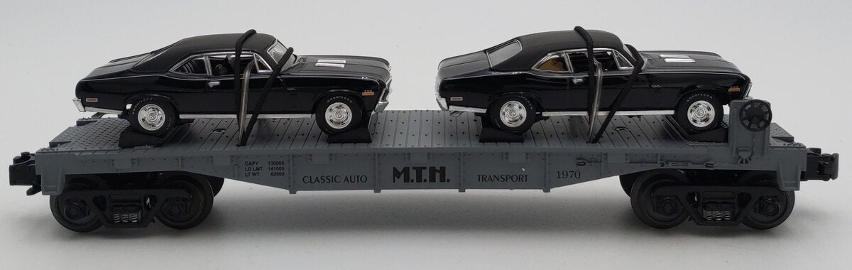 MTH 30-7661 O Gauge MTH Auto Transport Flatcar with Ertl '70 Novas #1970 LN/Box