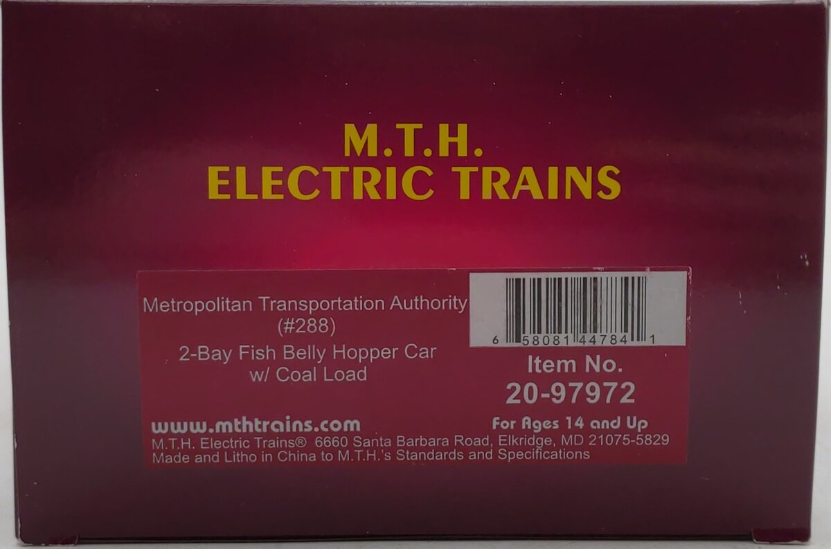 MTH 20-97972 O Gauge MTA 2-Bay Fish Belly Hopper Car w/Coal Load #288 LN/Box