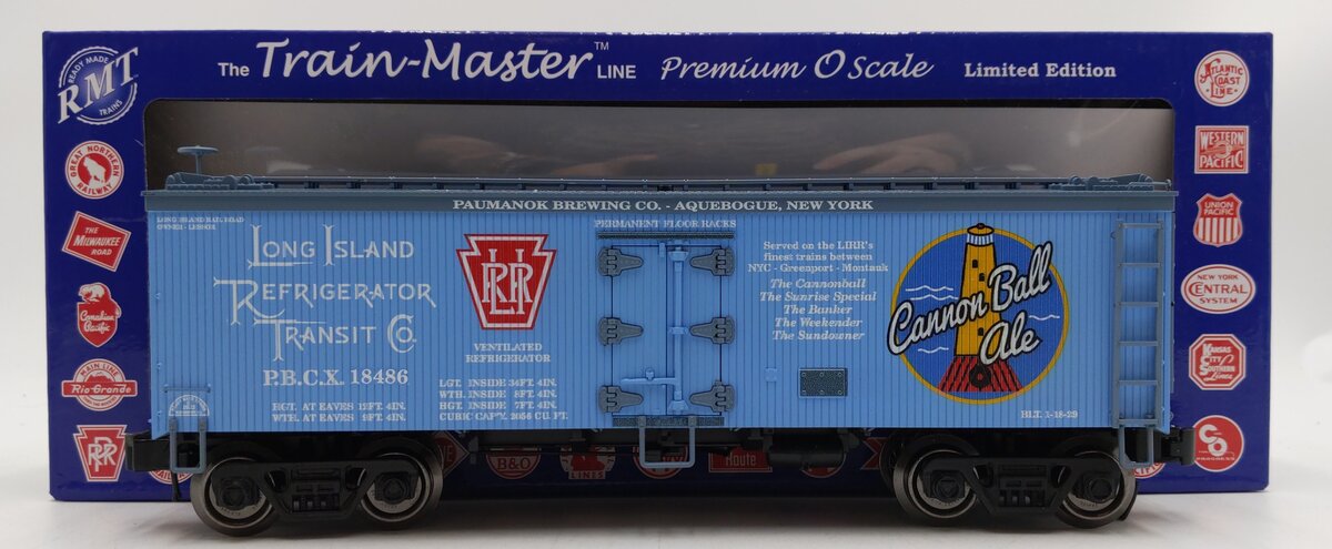 RMT 86111 O Gauge PBCX Cannon Ball Beer-Lirr 36FT Wood Side Reefer Car #18486 EX/Box