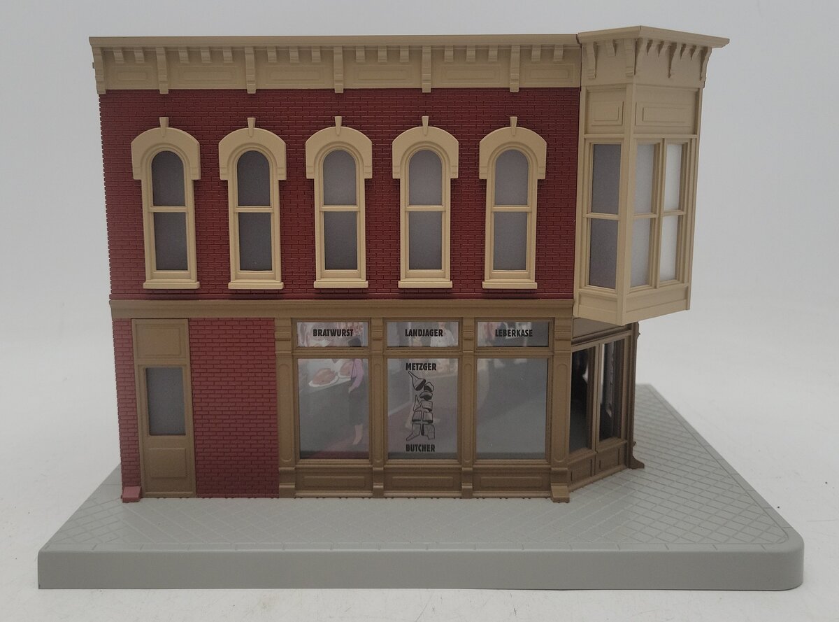 MTH 30-90341 O Scale Metzger Butcher Shop Corner Building w/ Blinking Sign EX