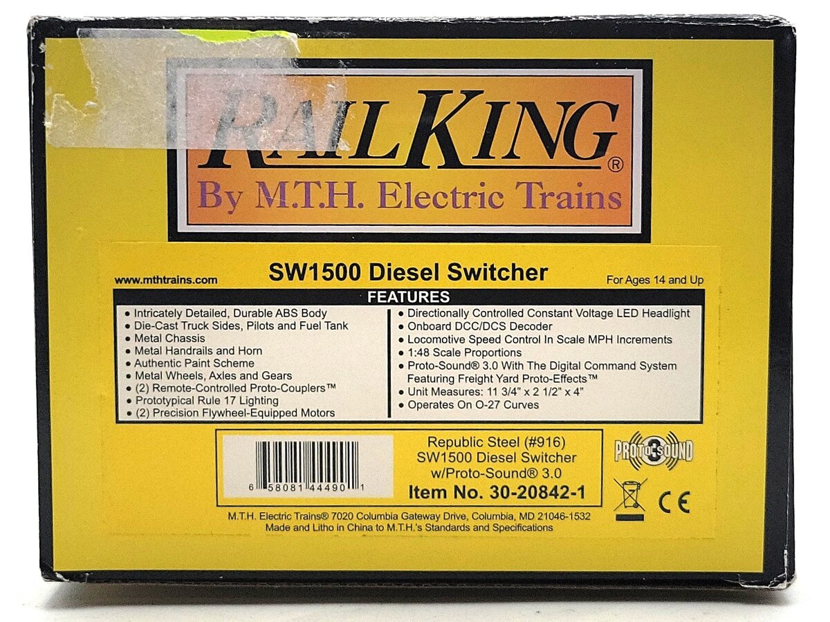 MTH 30-20842-1 O Republic Steel SW1500 Diesel Switcher w/ Proto-Sound 3.0 #916 EX/Box