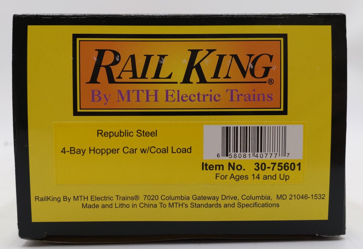 MTH 30-75601 O Republic Steel 4-Bay Hopper Car w/ Coal Load #218 LN/Box