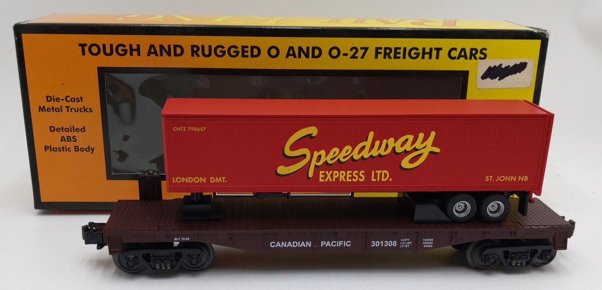 MTH 30-7678 O Speedway Flatcar w/ 40' Trailer #301308 LN/Box