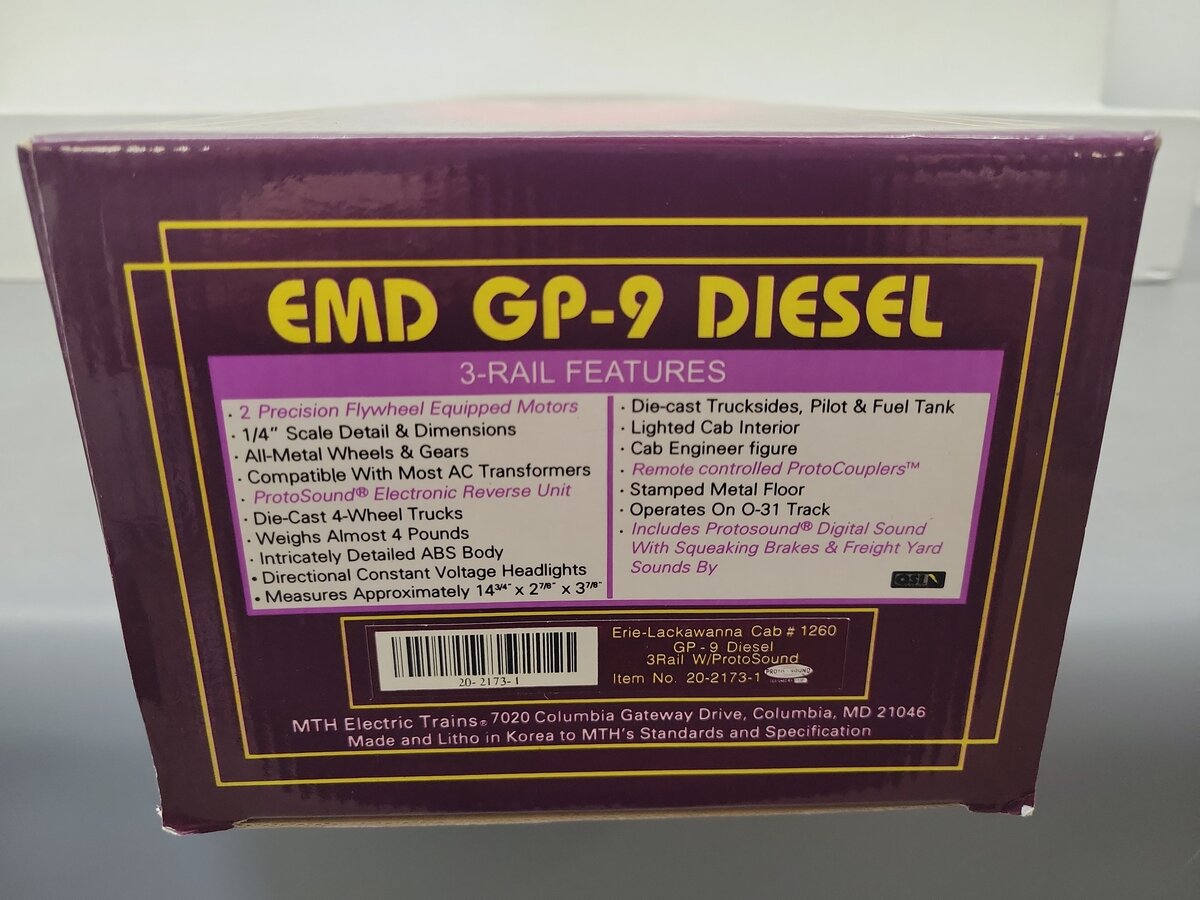 MTH 20-2173-1 O Gauge Erie-Lackawanna EMD GP-9 Diesel Engine #1260 with PS1 EX/Box