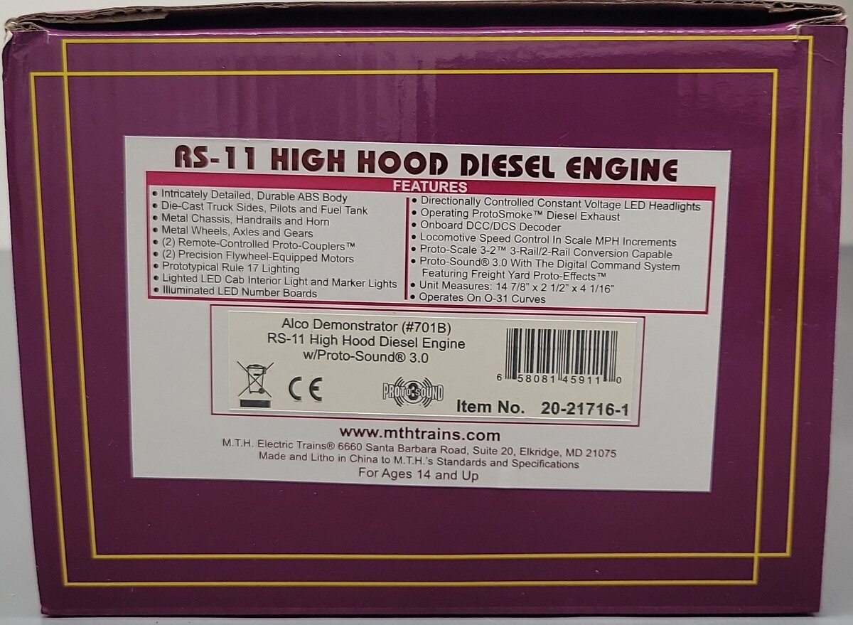 MTH 20-21716-1 O Gauge Alco Demonstrator RS-11 High Hood Diesel Engine #701B PS3 LN/Box