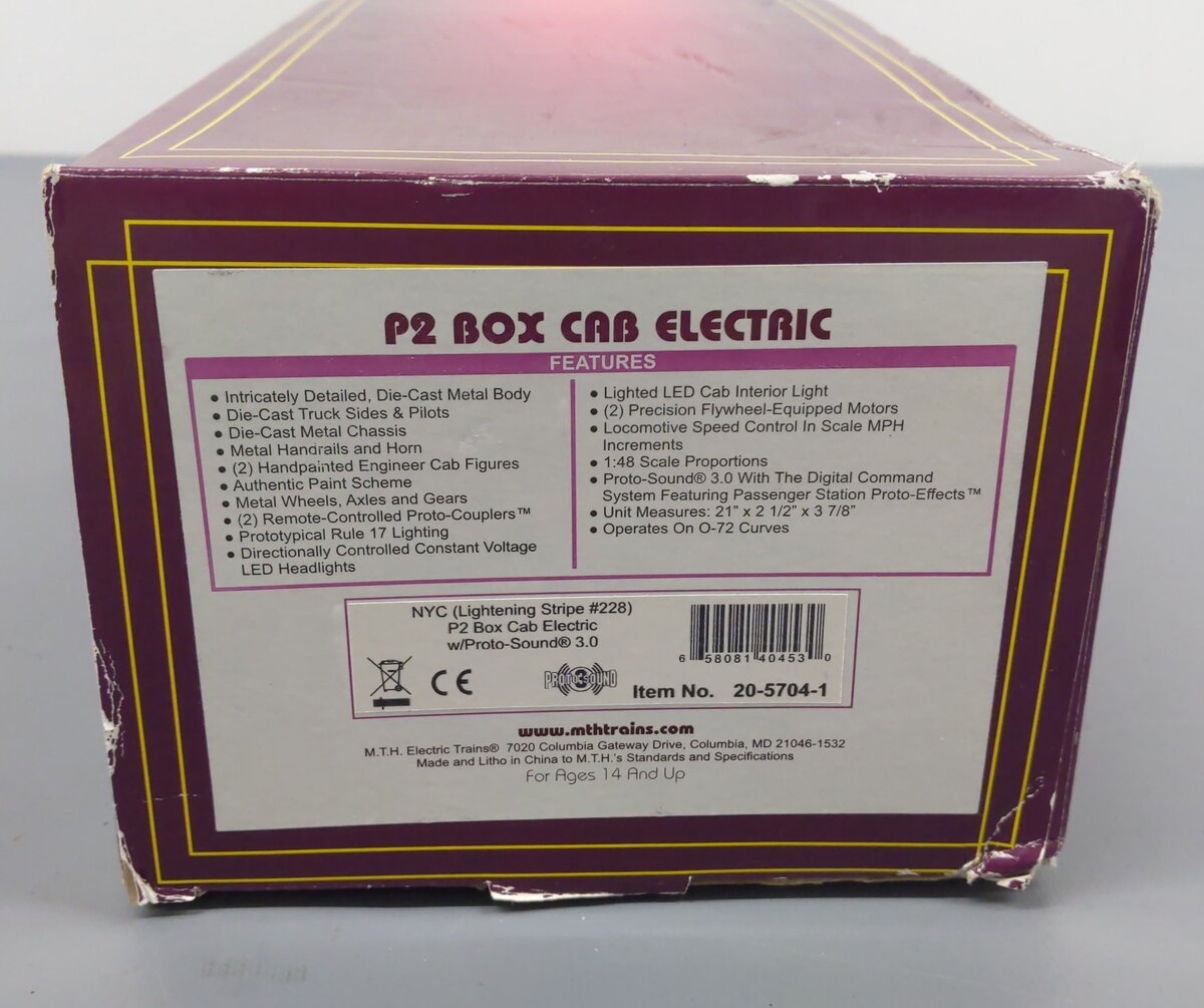 MTH 20-5704-1 O New York Central P2 Box Cab Electric Locomotive #228 w/ PS3 EX/Box