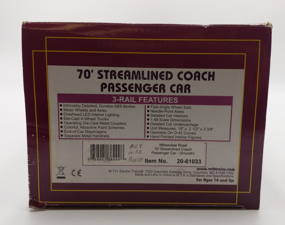 MTH 20-61033 Milwaukee Road 70' Streamlined "Buy War Bonds" Coach Car #477 EX/Box