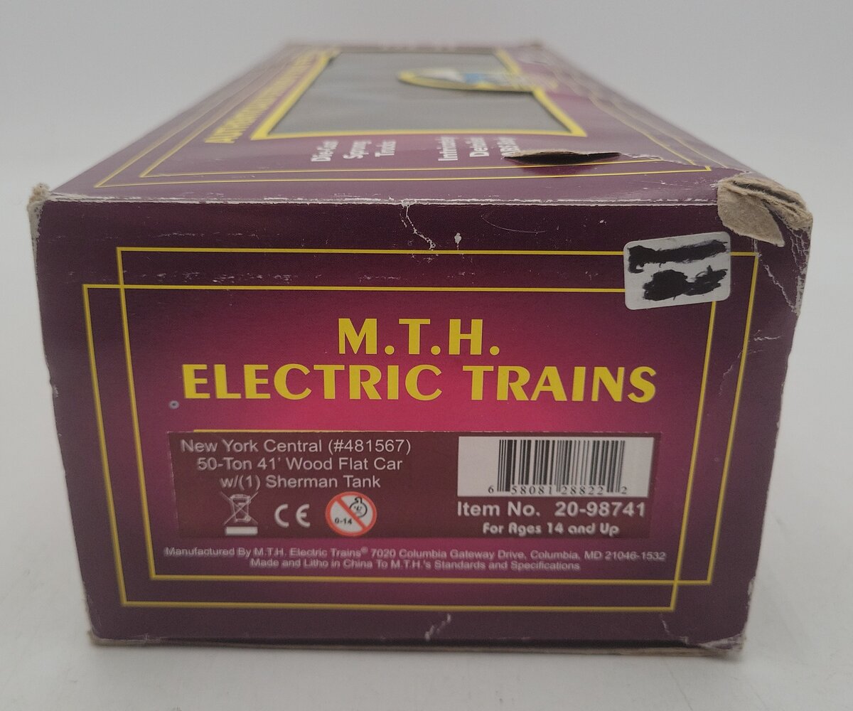 MTH 20-98741 NYC 50-TON 41' Wood Flat Car w/Sherman Tank EX/Box
