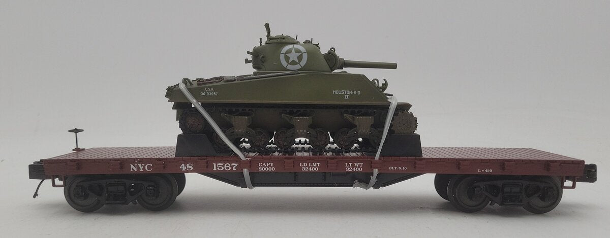 MTH 20-98741 NYC 50-TON 41' Wood Flat Car w/Sherman Tank EX/Box