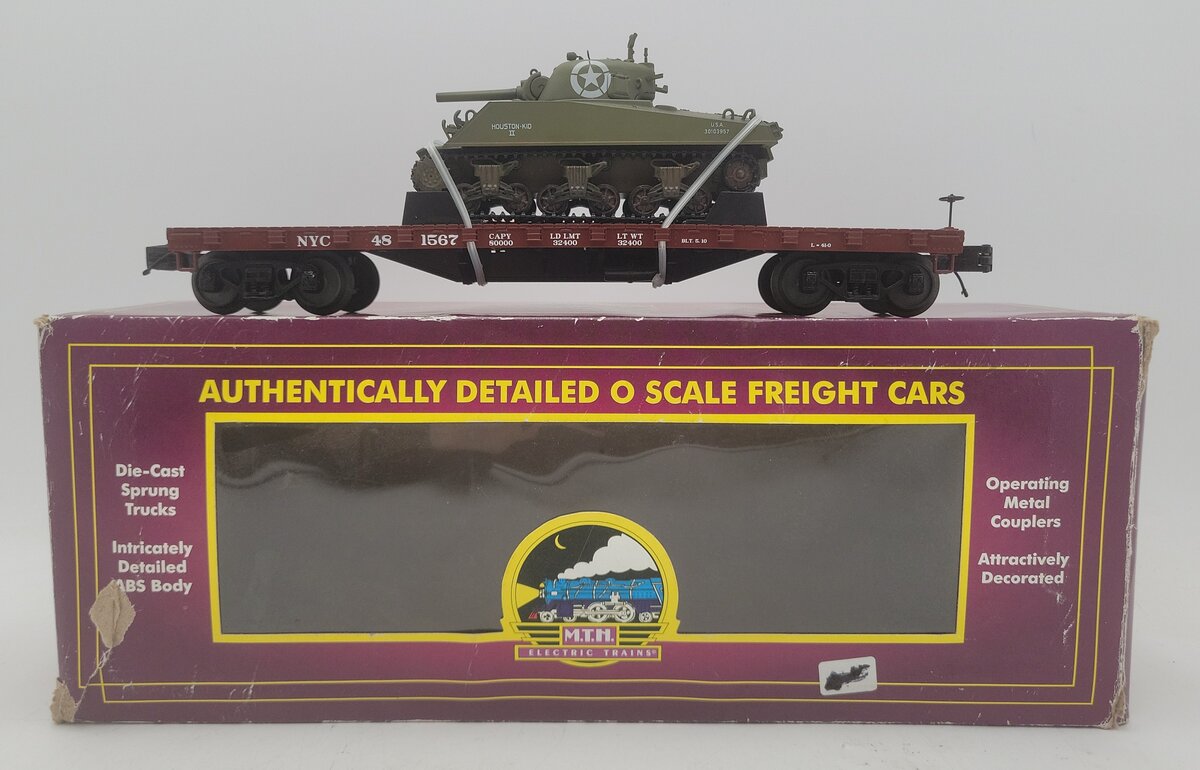 MTH 20-98741 NYC 50-TON 41' Wood Flat Car w/Sherman Tank EX/Box